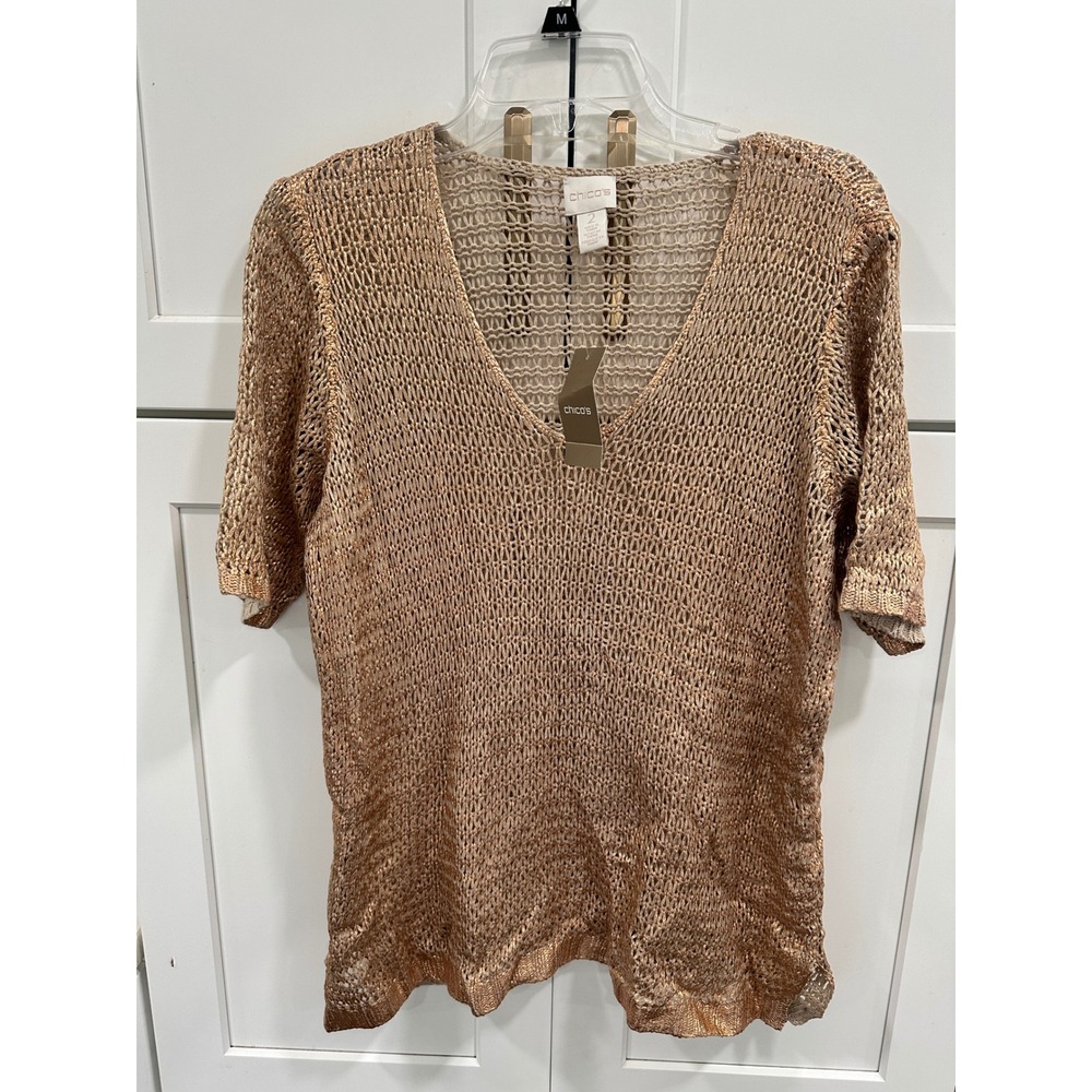 Chicos Rose Foil Lily Pullover Sweater Rose Gold Metallic V-Neck Size 2 L NEW